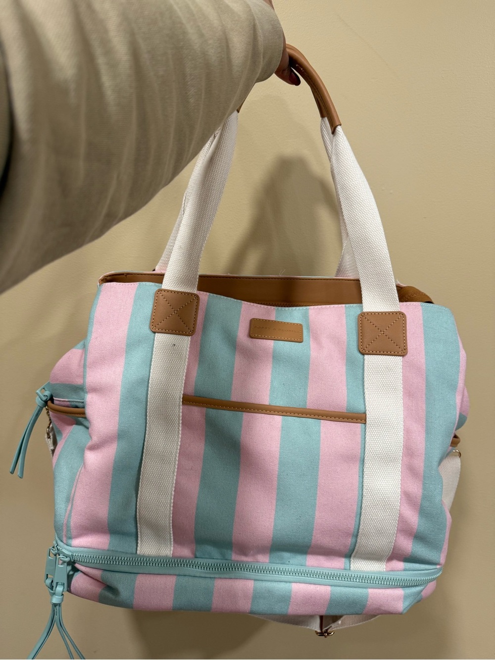 Poppy & Peonies Pink and Aqua Striped Canvas Tote with White Straps and Tan Trim - Picture 2 of 11